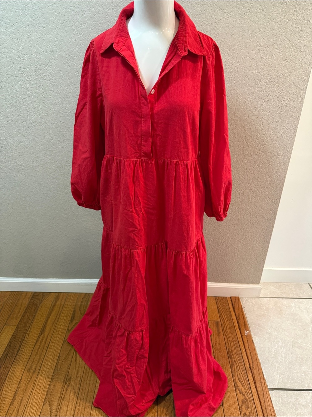 Pomander Women's Red Tiered Maxi Shirt Dress with Collared Neck size medium